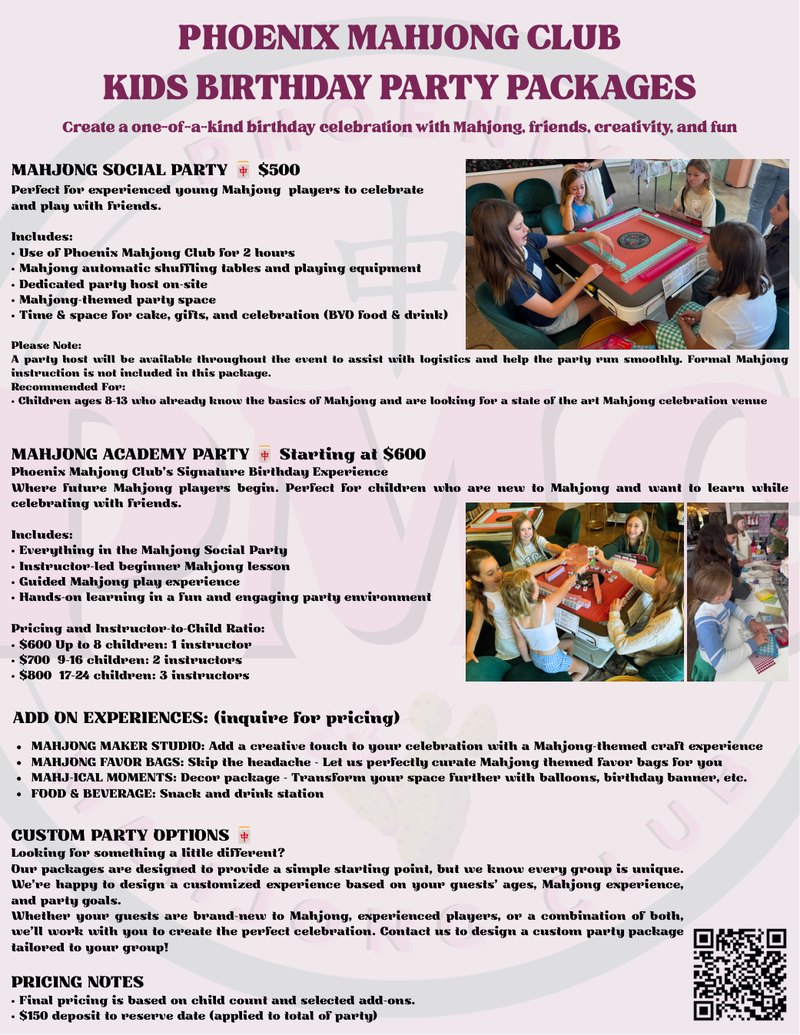 Phoenix Mahjong Club Kids Birthday Party Packages
